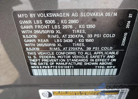 2014 Volkswagen Touareg Tdi Lux z USA, uszkodzony, nr VIN WVGEP9BP7ED013971